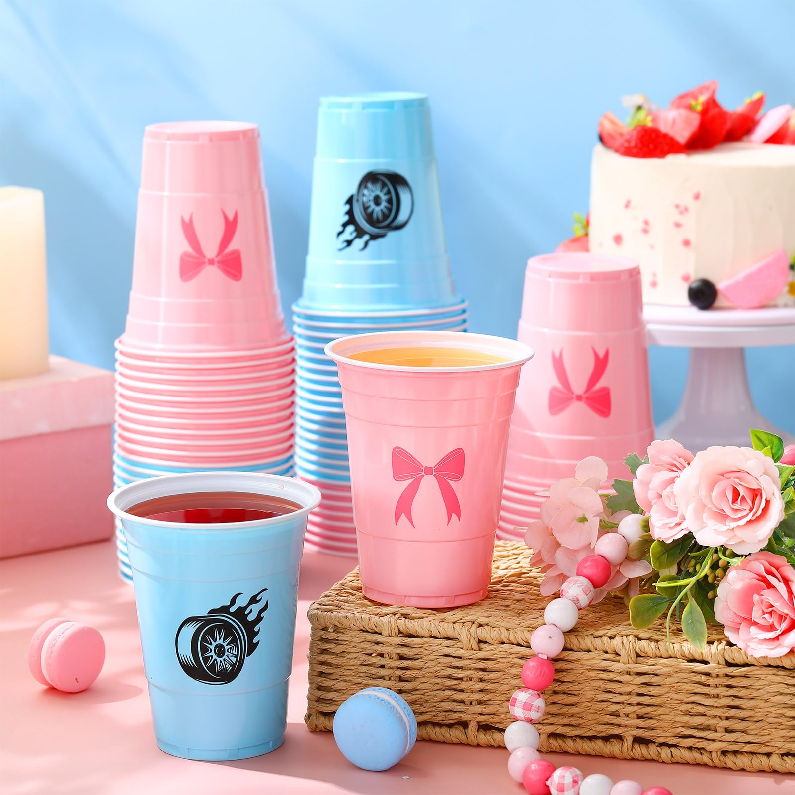 Qinyoung 60 Pcs Burnouts or Bows Gender Reveal Party Supplies 16 oz Burnouts or Bows Cups Pink and Blue Plastic Disposable Cups Western Gender Reveal Decorations for Baby Shower Party Beverage Drink