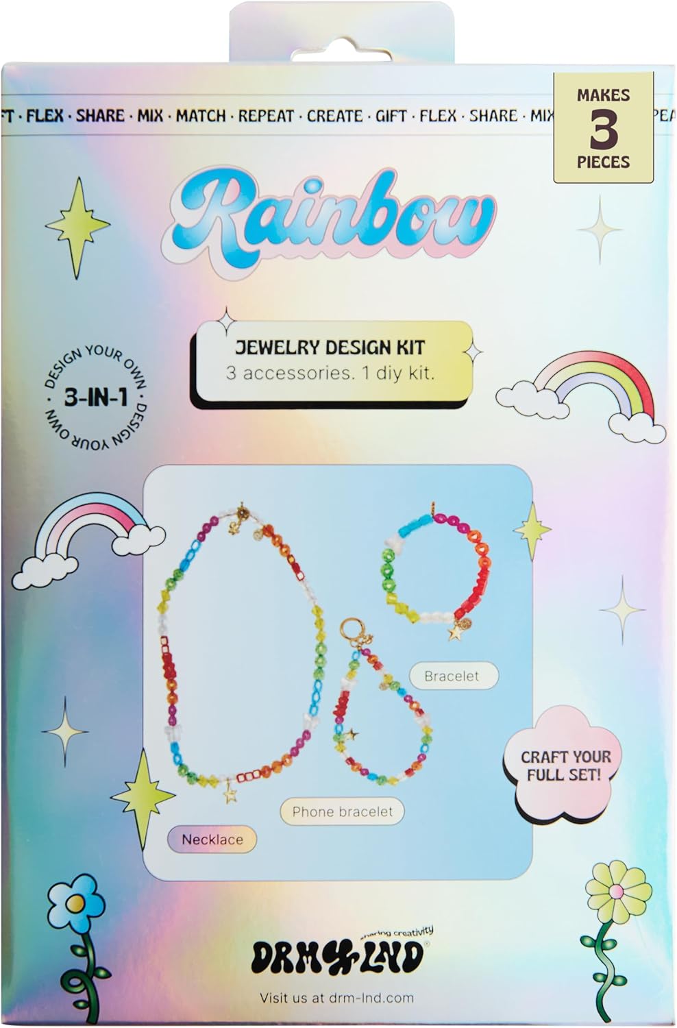 Design Your Own Rainbow 3-in-1 Jewelry Box – DIY Jewelry Making Kit with 75 Colorful Beads, 6 Gold Charms & Threads to Create Necklace, Bracelet & Phone Strap, Vibrant Y2K Creative Gift Box