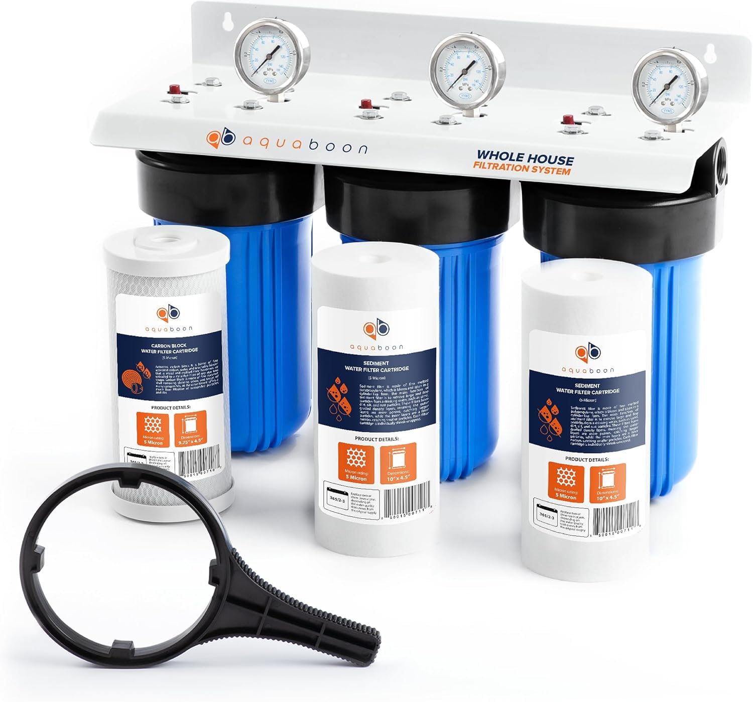 3-Stage Whole House Water Filter System with 5 Micron 10x4.5 House Water Purification 2 Reducing Sediment and Carbon Chlorine Reduction Filter, Pressure Gauge, Wrench, Bracket