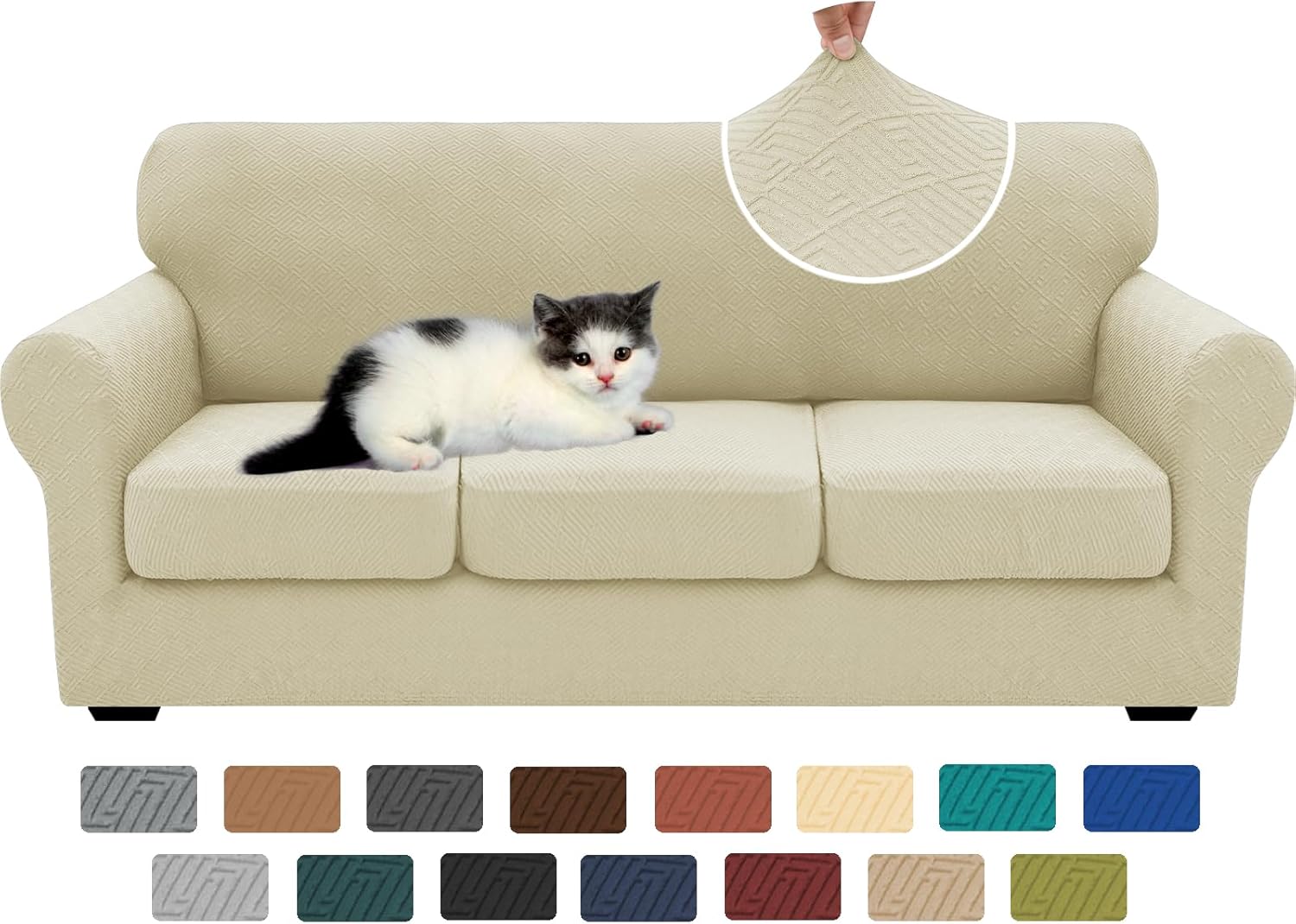 XINEAGE New 4 Pieces Couch Covers for 3 Cushion Couch Super Stretch Thick Soft Sofa Cover Anti Slip Sofa Slipcover Dogs Cats Furniture Protector (Light Beige, 71"-91") 71"-91"(3 Cushions) Light Beige