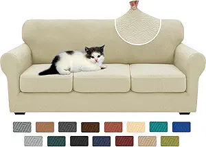 XINEAGE New 4 Pieces Couch Covers for 3 Cushion Couch Super Stretch Thick Soft Sofa Cover Anti Slip Sofa Slipcover Dogs Cats Furniture Protector (Light Beige, 71"-91")