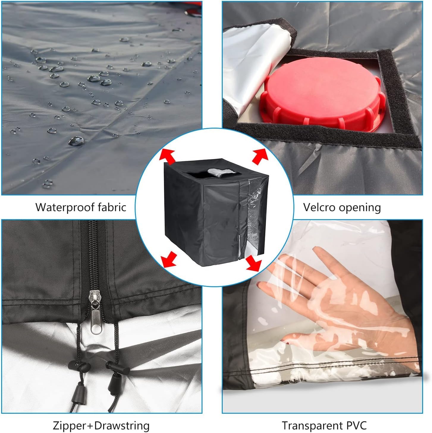 IBC Bâche Réservoir d'eau, IBC Bache Cuve 420D Avec zip et cordon de serrage, 1000L Bâche Couverture Réservoir |Anti-poussière Anti-UV Anti-Pluie 120 x 100 x 116 cm Noir