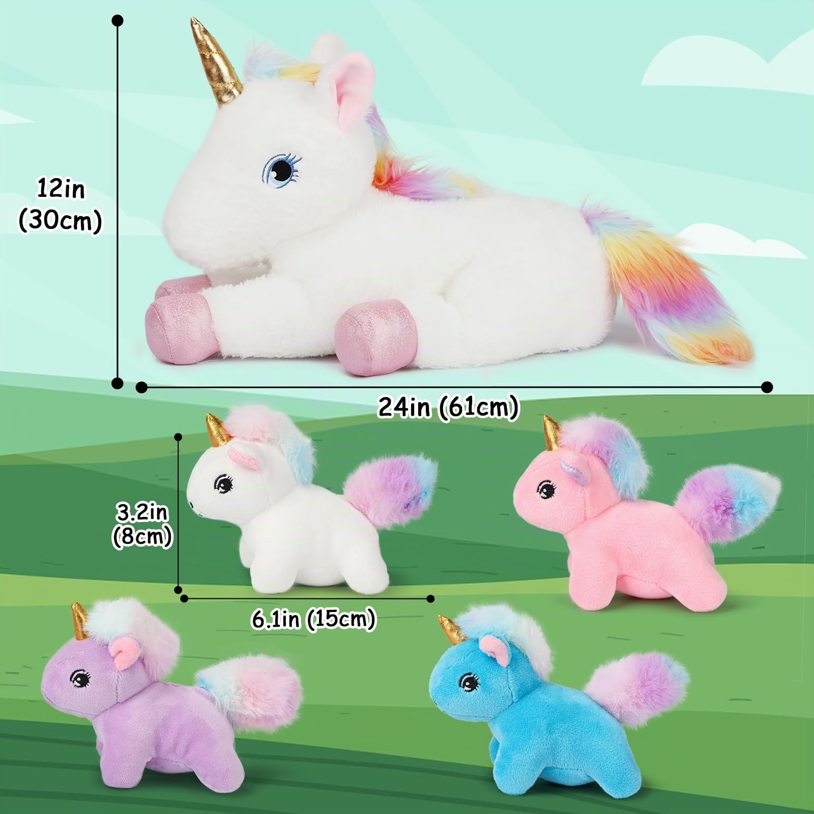 Peluche a forma di unicorno da 61 cm, per bambine di 3, 4, 5, 6, 7, 8, 9 anni, con bellissimi occhi e quattro unicorni, regalo per Natale, festa di compleanno per ragazze