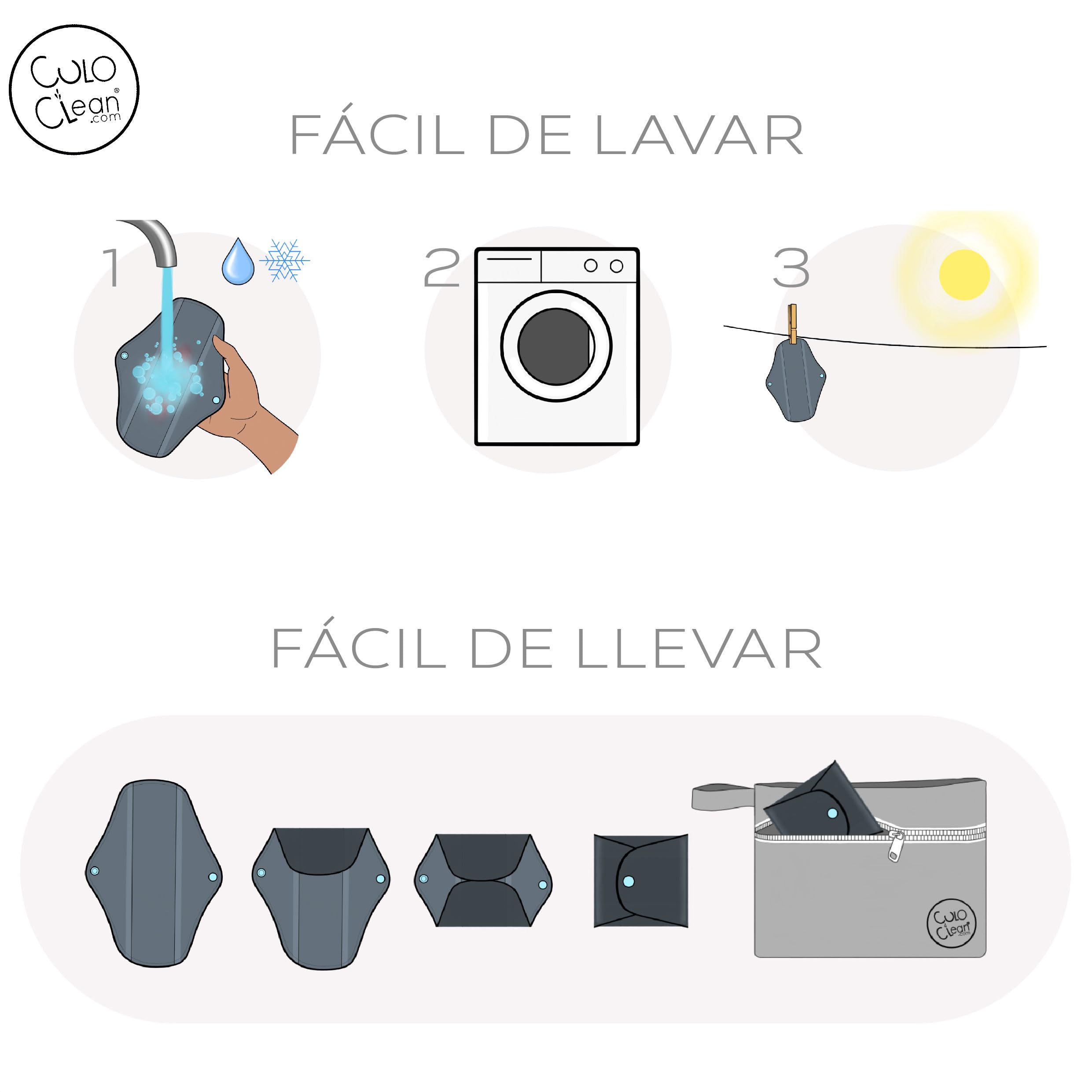 CuloClean 10pcs (2S+6M+2L) Compresas Menstruales y Postparto Reutilizables de fibra de bambú. Pack ecológico, de tela transpirable e impermeable + bolsa + bidet portátil
