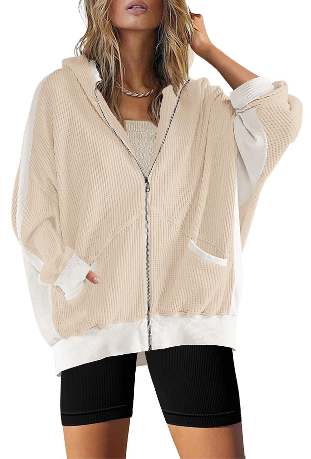 Womens Fashion Zip Up Hoodies Oversized Waffle Knit Jacket Shirts Long Sleeve Solid Shacket Blouse with Pockets