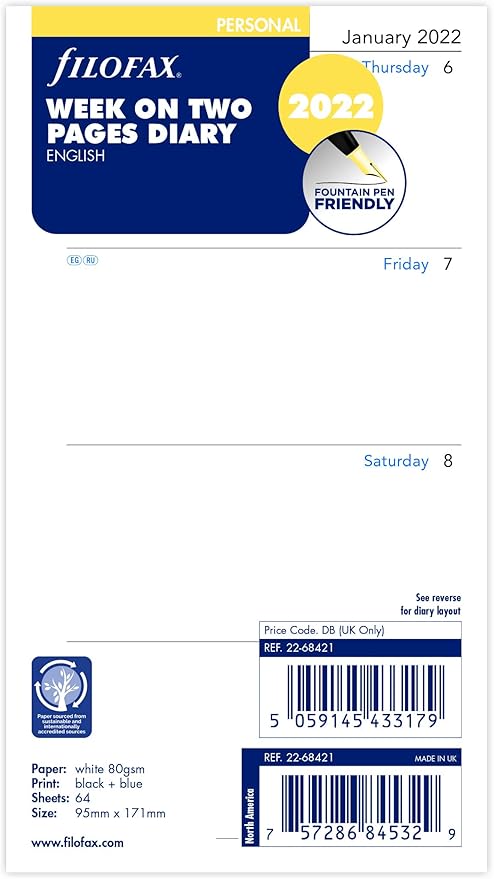 Amazon Filofax システム手帳 リフィル 22年 1月始まり バイブル ウィークリー ホワイト 22 正規輸入品 システム手帳用リフィル 文房具 オフィス用品