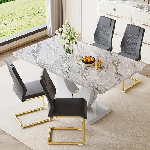 Miniatura 78 de JUFU Juego de mesa de comedor para 6 personas con sillas tapizadas de poliuretano, mesa y sillas de comedor de mármol sintético gris de 63 pulgadas,