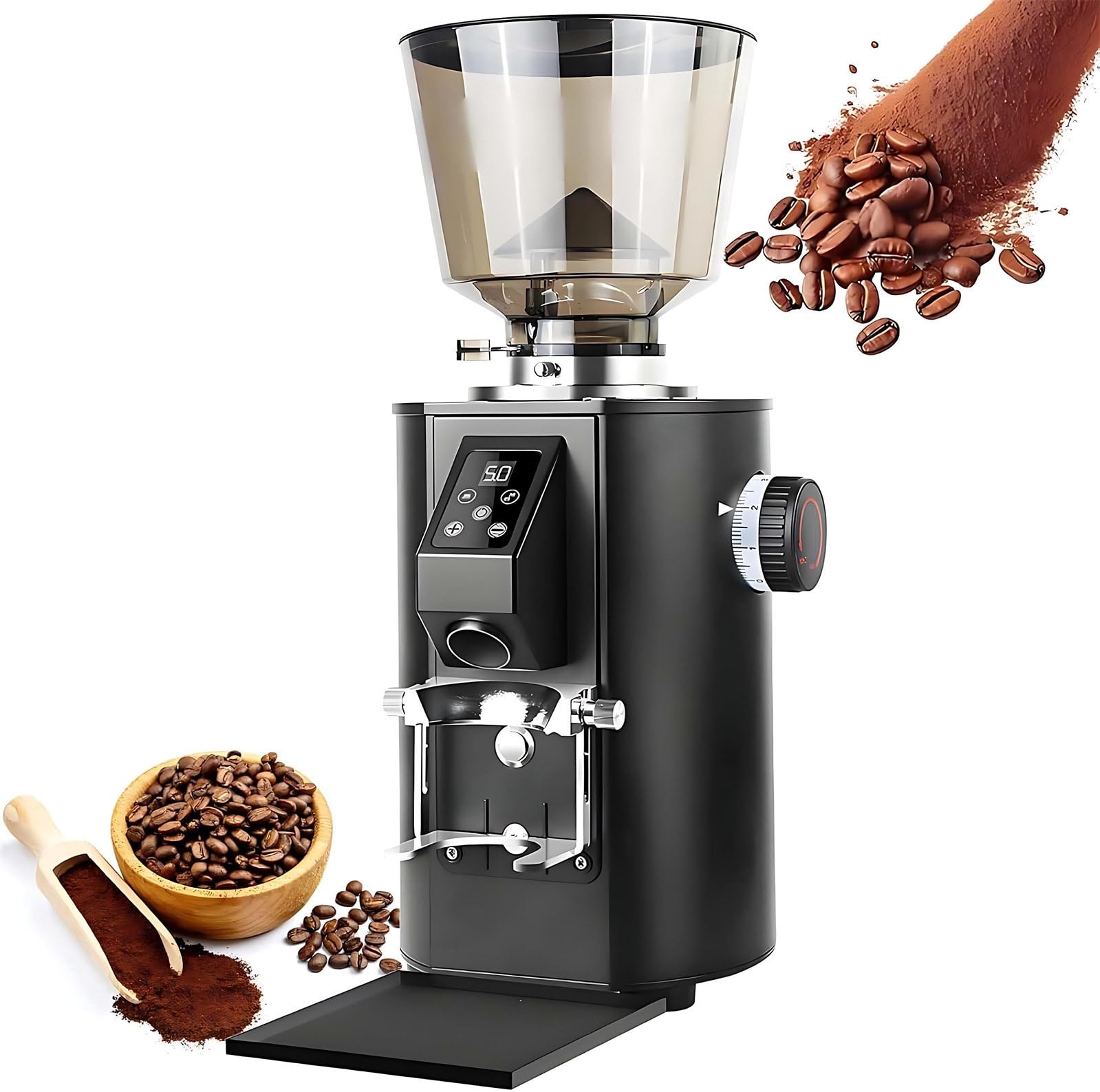 Molinillo De Café Profesional: Molinillo De Café Expreso De Muelas Planas De 64 Mm, Tolva De 1 LB. Modo De Dosificación Dual, 9 Niveles De Molienda Ajustables con Portafiltro Black
