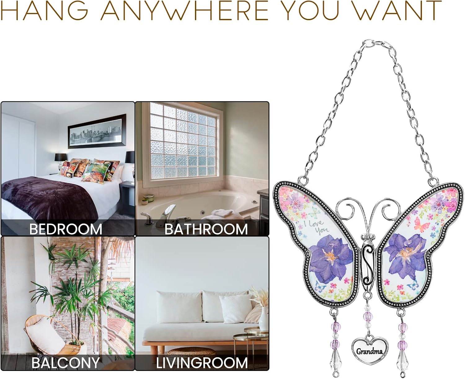 Butterfly Suncatcher with Pressed Flower Wings, Butterfly-Shaped Glass Wind Chimes with Real Flowers, Grandma Heart Charm Wind Chime Gifts for Grandma Mother's Day - Image 6