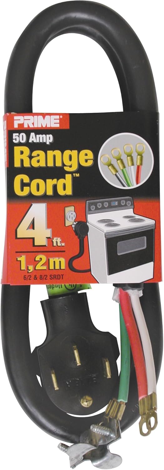 Prime RD628204L 3-Pole 4-Wire SRDT 50A 125/250-Volt Range Cord, Black, 4-Feet