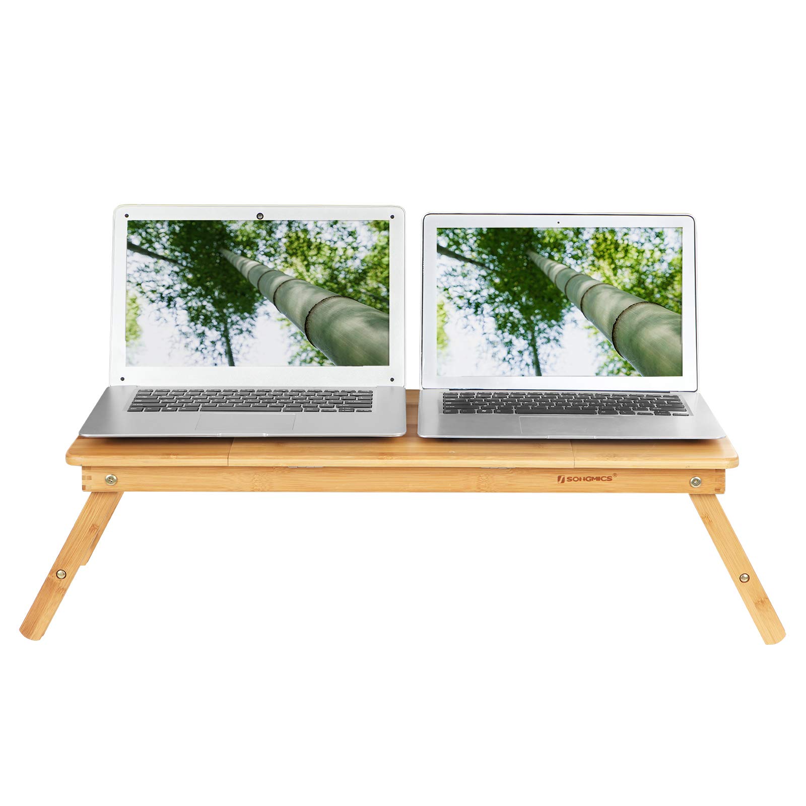 SONGMICS Stolik pod laptop, składany i regulowany na wysokość stolik na notebook, z otworami wentylacyjnymi, dla osób lewo- i praworęcznych, stolik do łóżka z bambusa z szufladą, 72 x (21-29) x 35 cm (szer. x wys. x gł.) LLD004