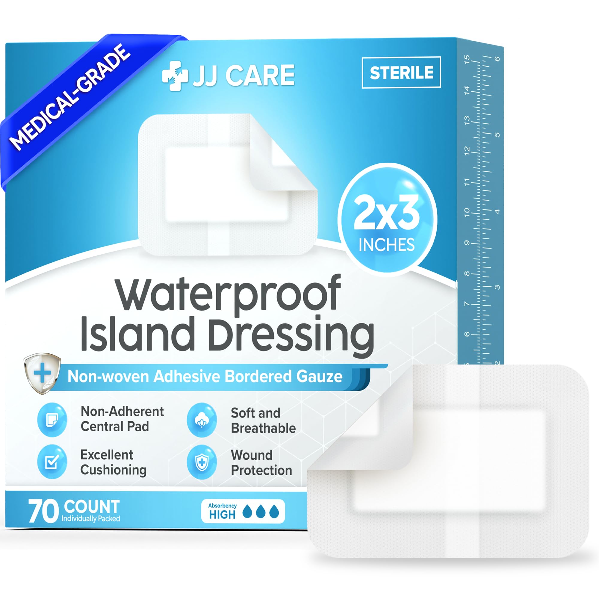 Waterproof Adhesive Island Dressing [Pack of 100], 2" x 3" Sterile Bordered Gauze, Breathable Island Wound Dressing, Individually Wrapped Adhesive Gauze Bandages with Non-Stick Central Pad — Amazon image 8
