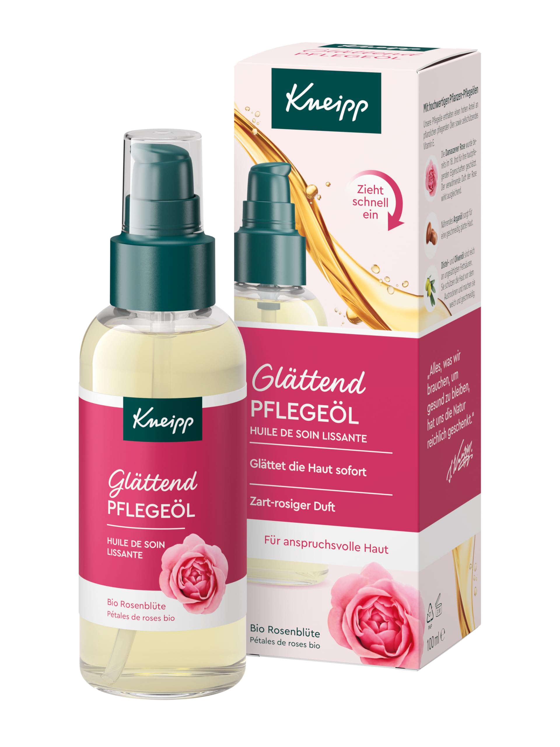 Kneipp Pflegeöl Glättend - Hautöl für anspruchsvolle Haut mit zart-rosigem Duft - Mit Bio Rosenblüten Extrakt - 100ml
