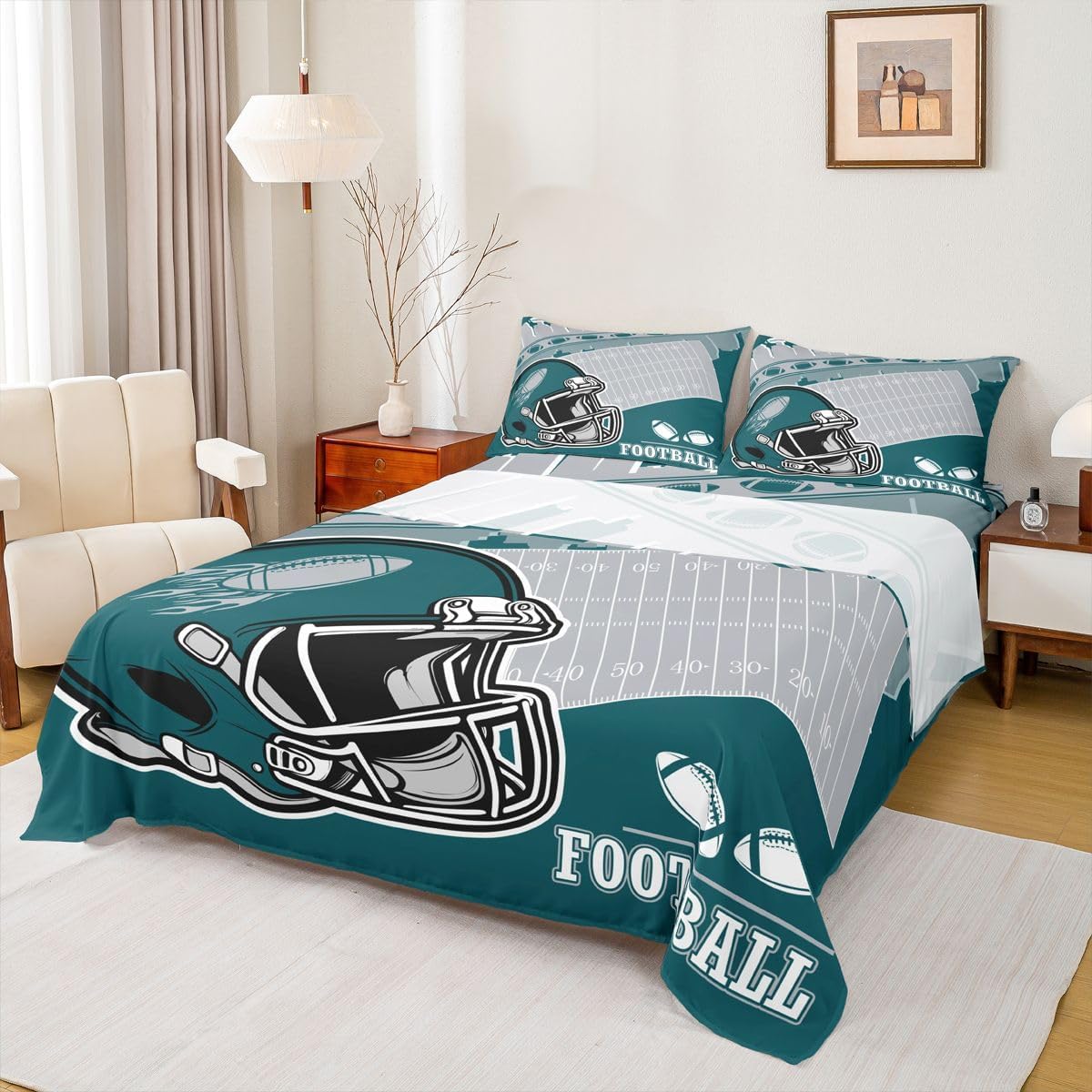 Erosebridal Football City Bed Sheets Twin Rugby Football Fans Bedding Set Gifts for Kids Girls Boys Teen,Sports Rugby Gaming Sheet Set Green Grey Fitted Bed Sheets,3 Pcs