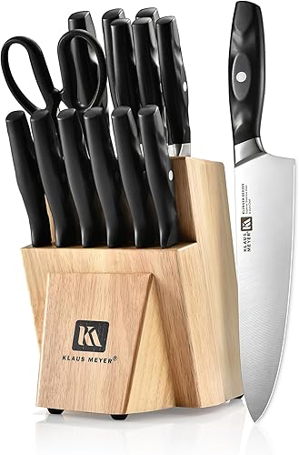 Klaus Meyer 15 Pieces Knife Block Set, High Carbon German Stainless Steel Forged Sharp Blade Knife Set With Block, Dishwasher Safe Cutlery