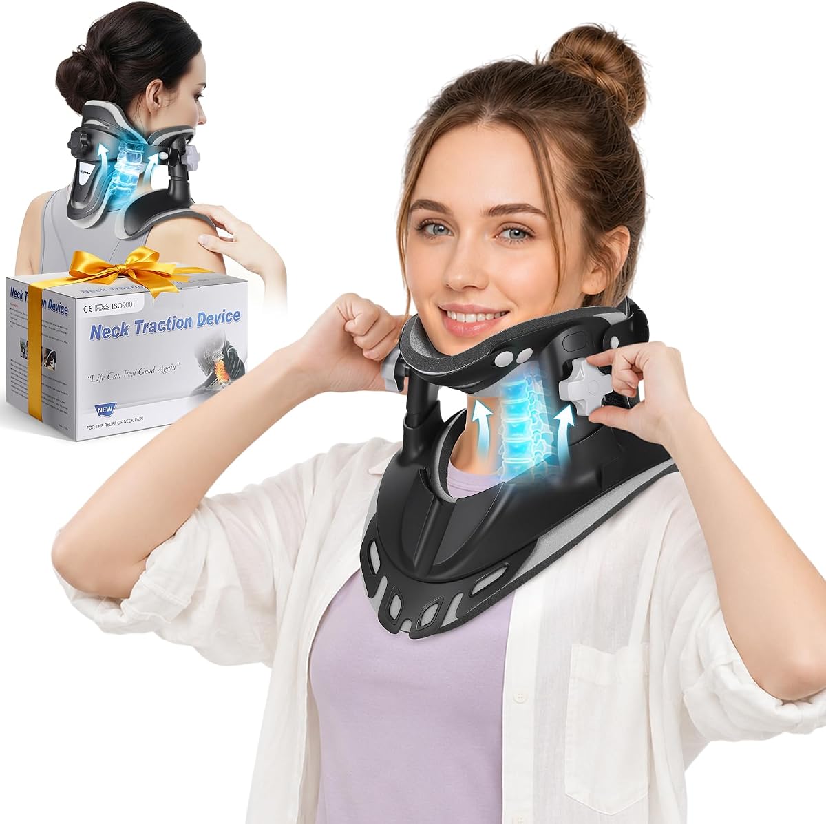 Neck Traction Device, Adjustable Neck Stretcher for Pain Relief | Ergonomic Cervical Neck Brace with 360°Support, 0.96 lbs Lightweight and Portable, 3-Power Traction, Home & Office Use, Black