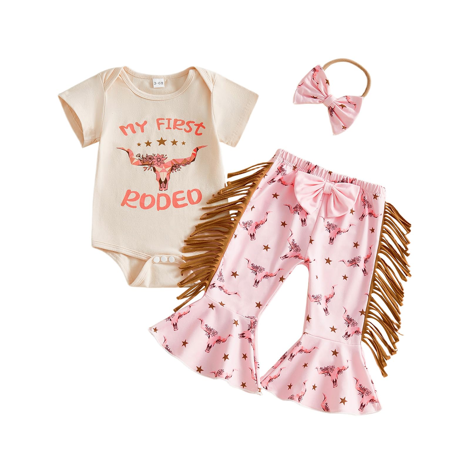 My First Rodeo Baby Girl Outfit Newborn Romper Pants Set | Infant Cowgirl Western Clothes Long Sleeve Romper Bell Bottom Pants 3Pcs Set 3-6 Months Pink-super Cute Cowgirl1