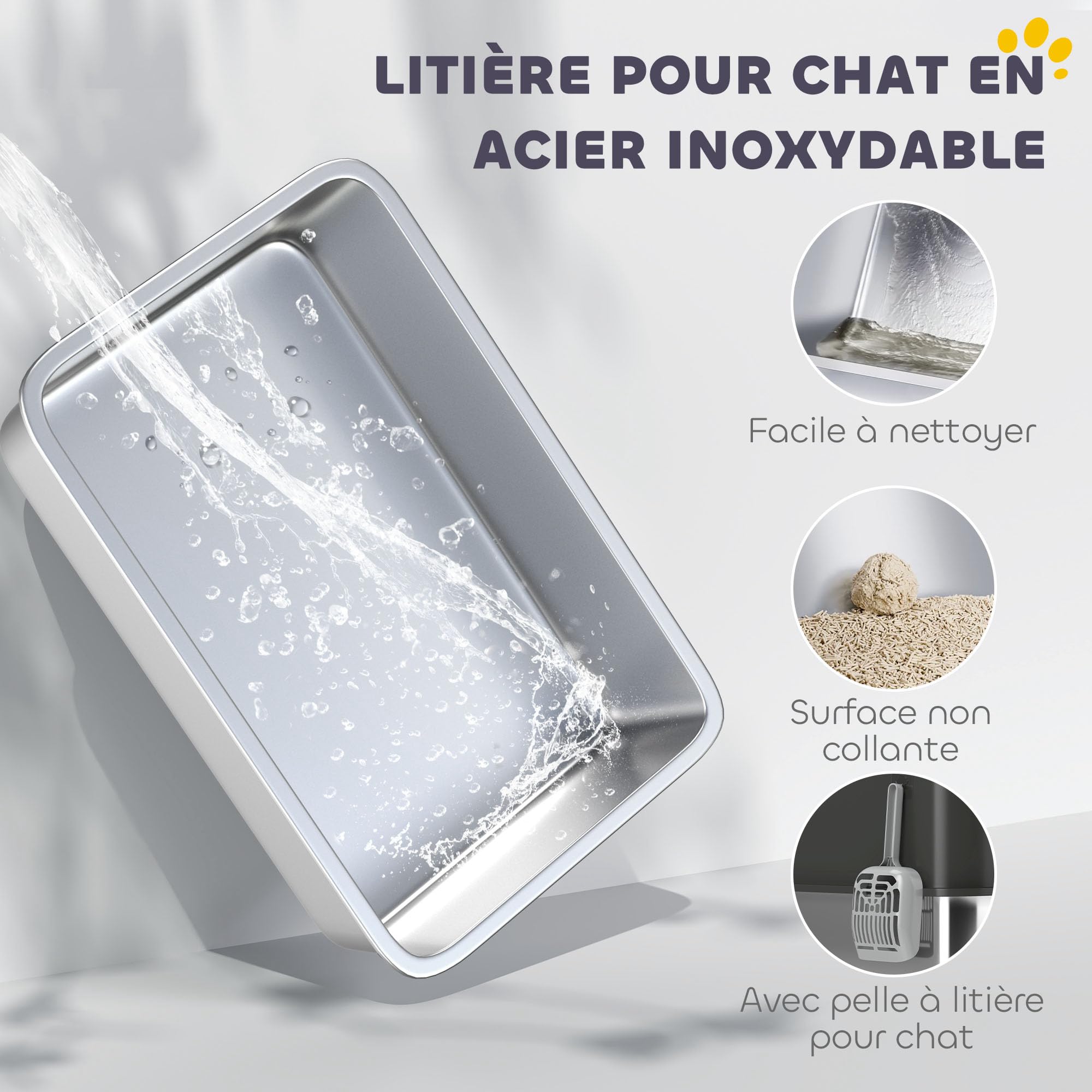 PawHut Bac à litière pour Chat XXL en Acier Inoxydable, 65L Grande capacité, Maison de Toilette pour Chat, avec Pelle et Patins antidérapants, Facile à Nettoyer, 60 x 40 x 38 cm, Noir
