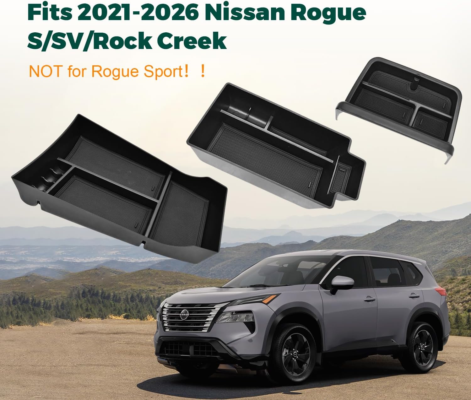 3PCS Center Console Organizer for 2021-2026 Nissan Rogue S/SV/Rock Creek Accessories, Dashboard Storage Tray + Armrest Box + Lower Console Organizer Durable ABS (Only Fit 8-Inch Screen)