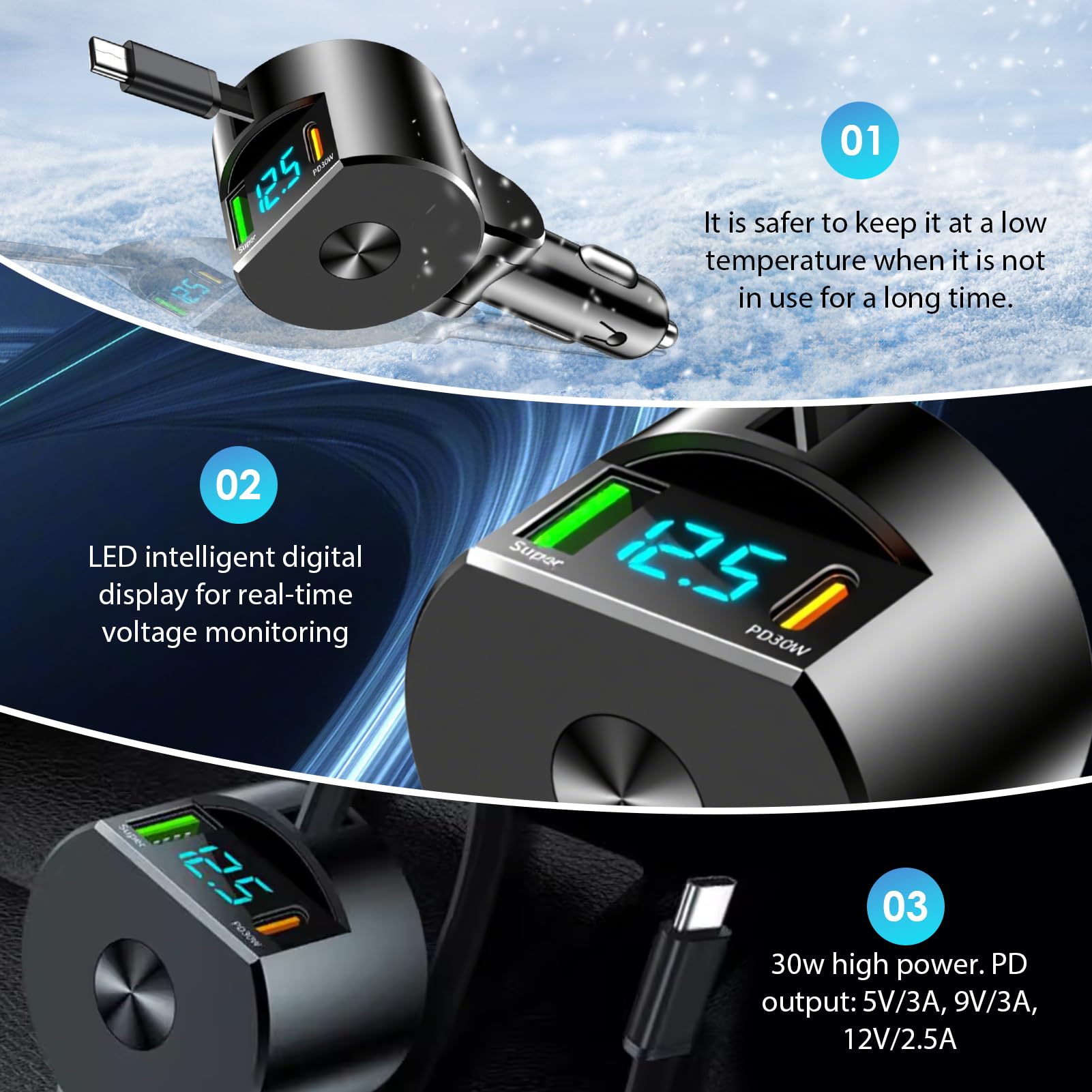 Caricatore Auto Accendisigari Retrattile 3 in 1 75W con Cavo USB C Retrattile e Porta USB-A, Carica Cellulare per Auto Rapido PD 30W QC3.0, Compatibile con i-Phone 16/15/14, Sam-sung, Huawei, Xiaomi,