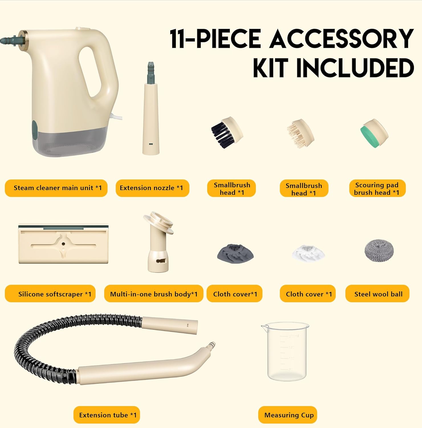 Diagram showing the 11-piece accessory kit for the steam cleaner, labeling each component.