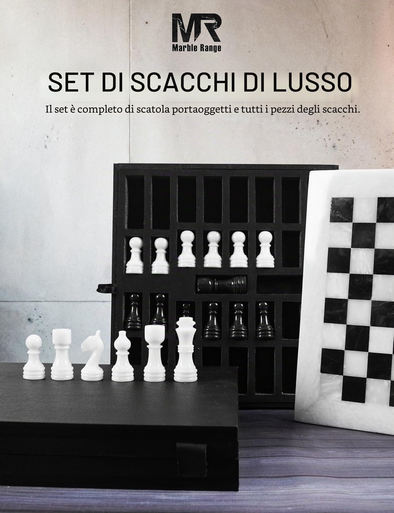 Set di scacchi in marmo per adulti, gioco da tavolo fatto a mano da 12 pollici con 32 pezzi degli scacchi, 2 regine extra e scatola portaoggetti, regalo per la casa (White & Black)