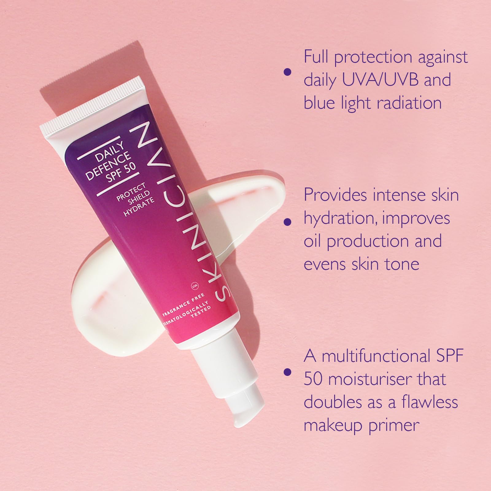 SKINICIAN SPF 50 face moisturiser, primer, UVA & UVB protection, non sticky, fragrance free for sensitive skin 50ml - Image 2