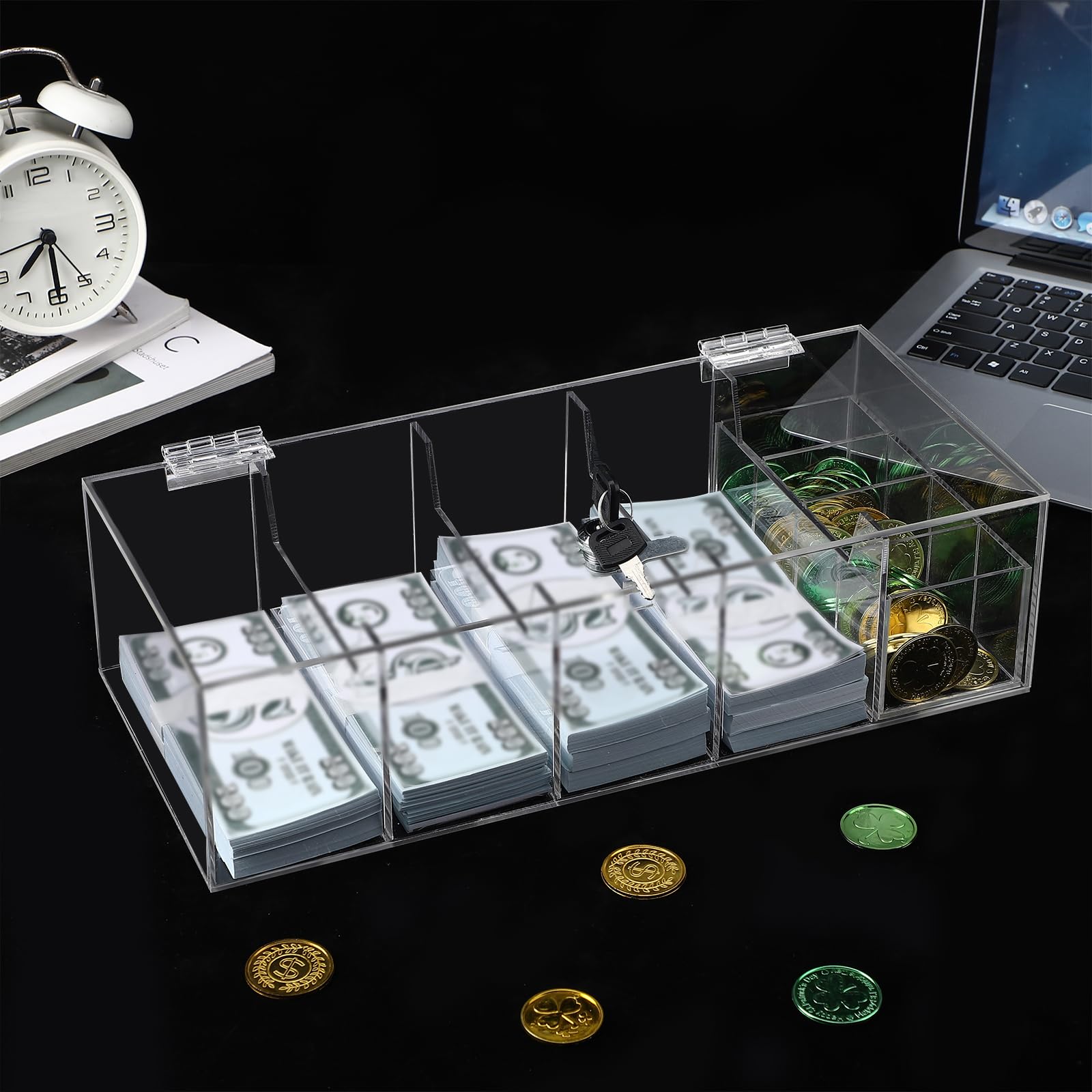 Suzile Acrylic Locking Currency Tray, 5 Compartment Clear Cash Organizer Money Storage Box with Lockable Cover and Coin Tray Insert for Storage Money Home Office Bill Cash Gift