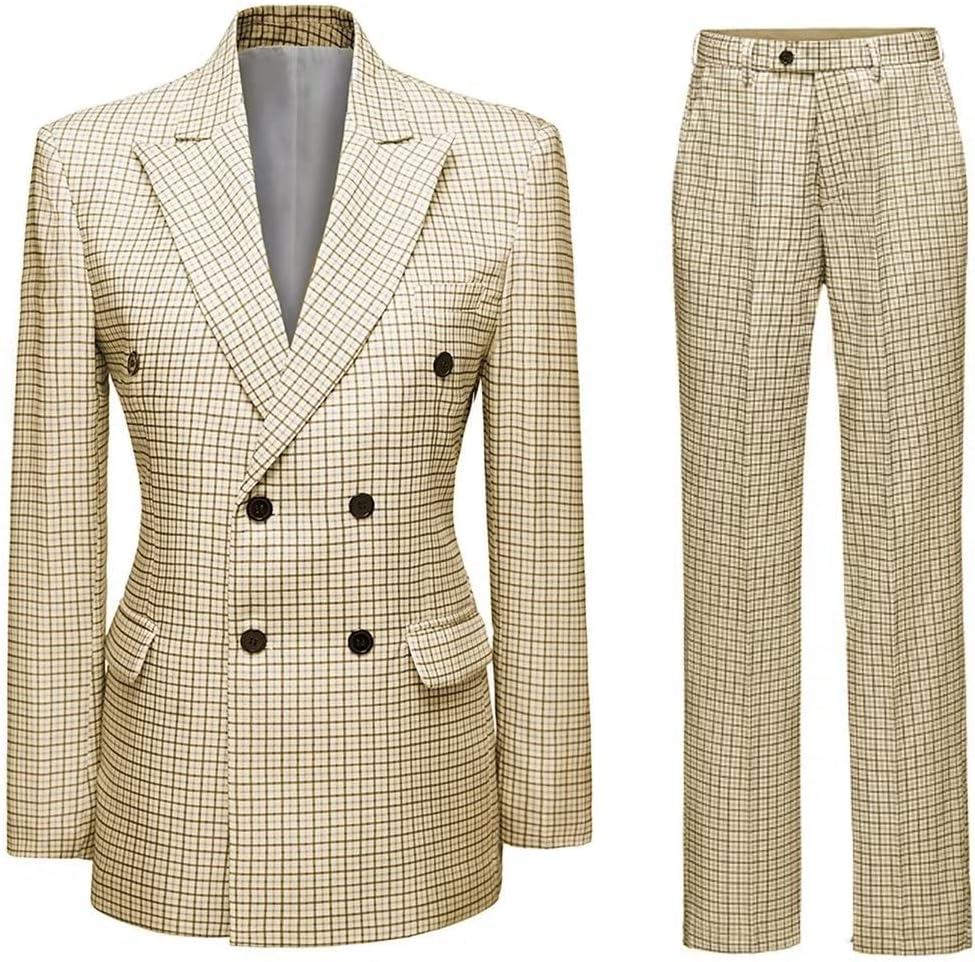 Mens Suits 2 Piece Plaid Suit Set Double Breasted Blazer for Men Prom Casual Tuxedo Suits for Men