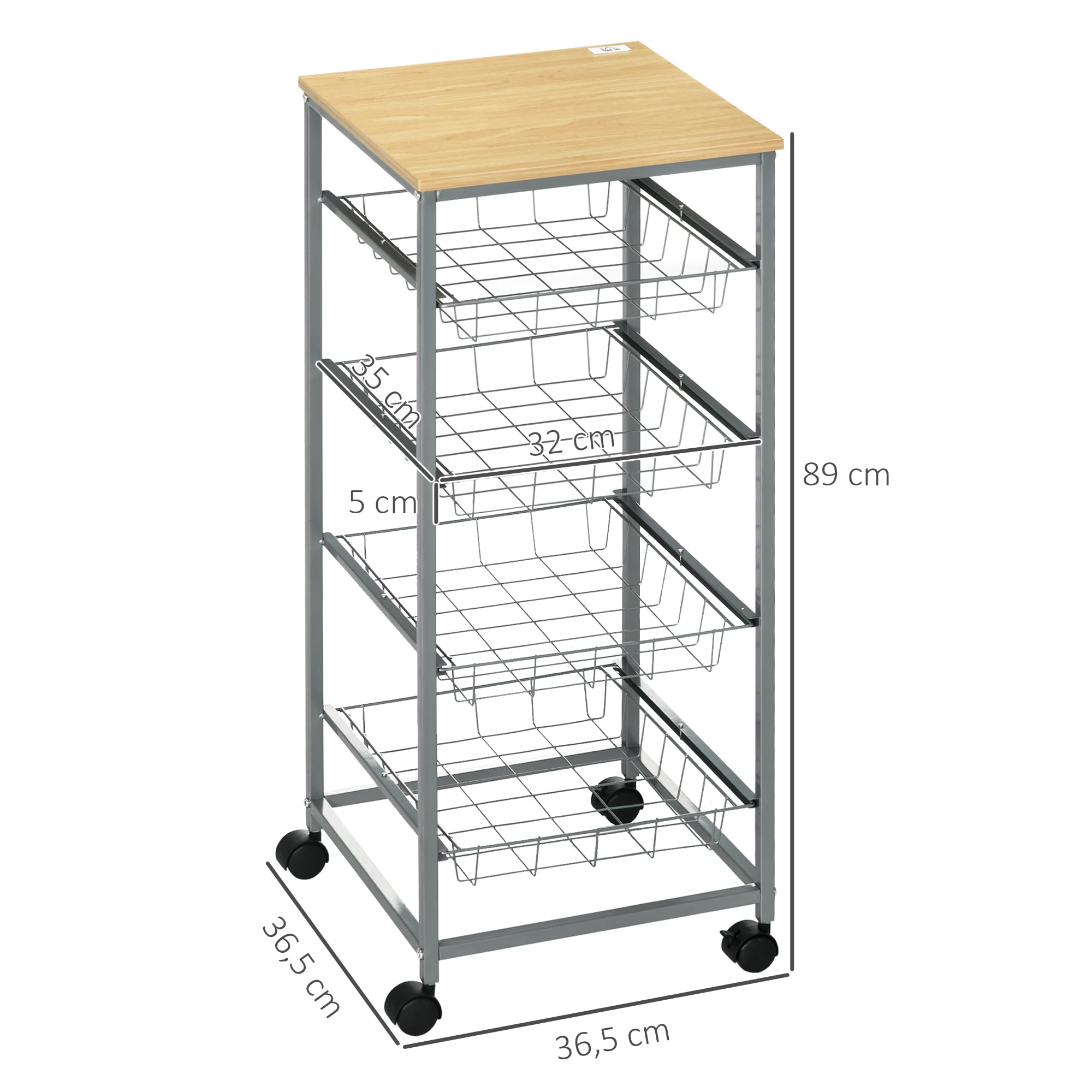 HOMCOM Carro Múltiusos de Cocina Baño con Ruedas 5 Niveles Carrito de Servicio Isla de Cocina Marco de Acero Carrito Auxiliar Verdulero Frutero Carga 20 kg para Salón 36,5x36,5x89 cm Plata