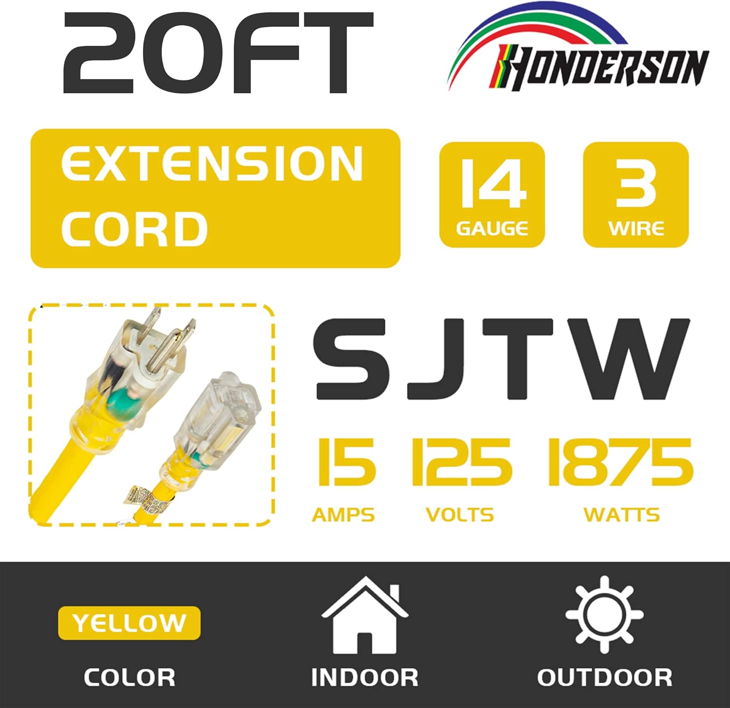 Indoor Outdoor Extension Cord Weatherproof with Lighted End, UL Certified, 14 Gauge 20FT Yellow 3 Prong Heavy Duty, 14/3 SJTW 15A Power Cord for Outdoor Lights, Lawn
