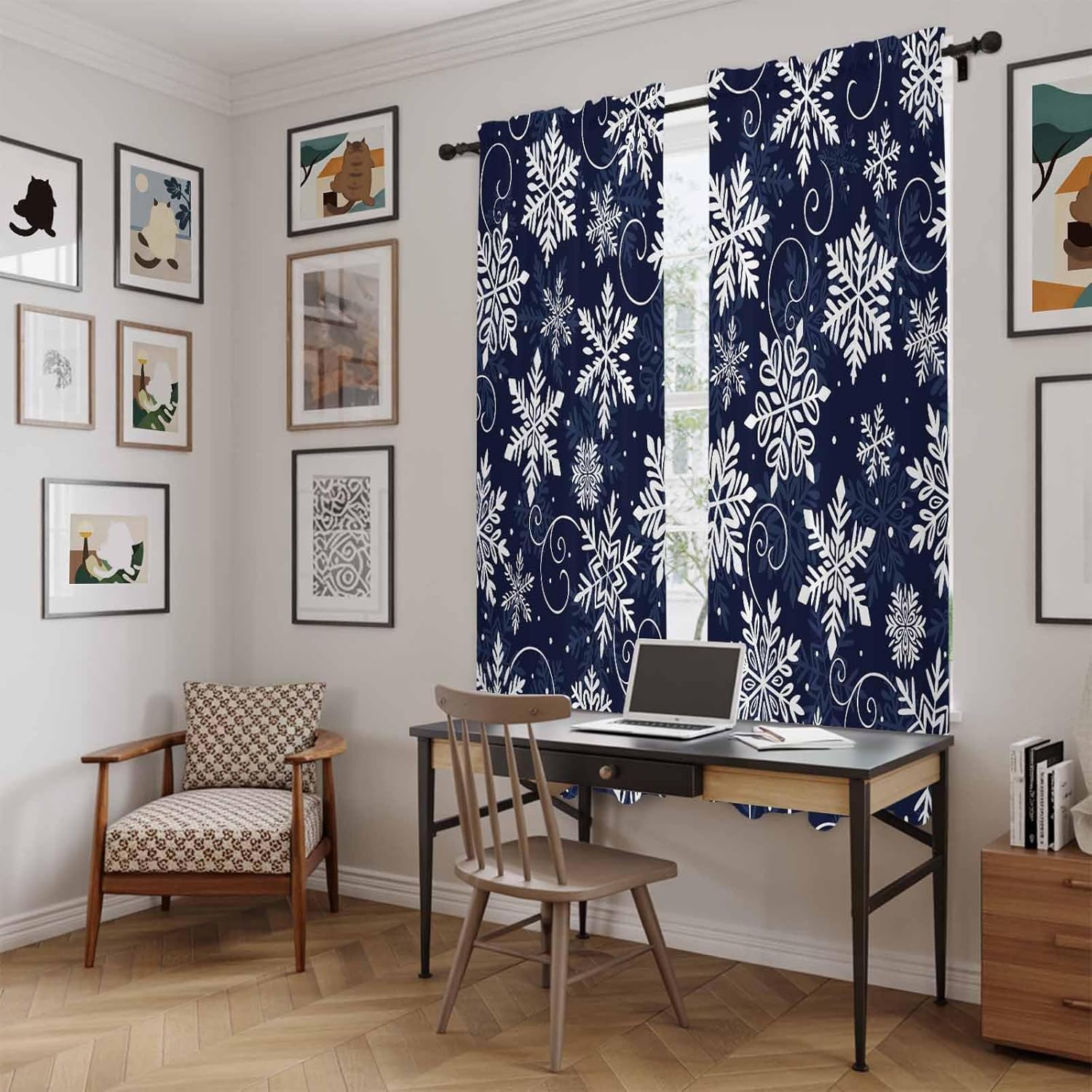 Navy Blue Snowflake Christmas Window Curtains 72 Inch Long 2 Panel Set, Rod Pocket Long Curtains & Drapes, Xmas White Snowflake Light Filtering Window Treatment for Bedroom Living Room 52"W x 72"L
