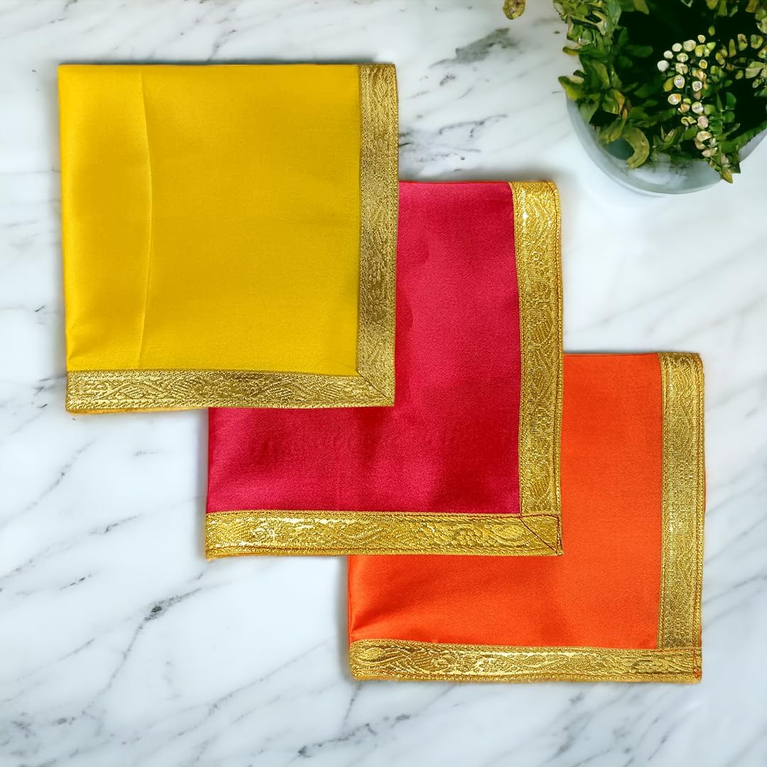 RMCG TRADERS Pooja Aasan Cloth, Mandir Cloth, Chowki Kapda/Pooja Mat, Square Pooja Satin Mats for Home Altar, Size 18 x 18 cm, Pack of 3 (Yellow-Red-Orange)