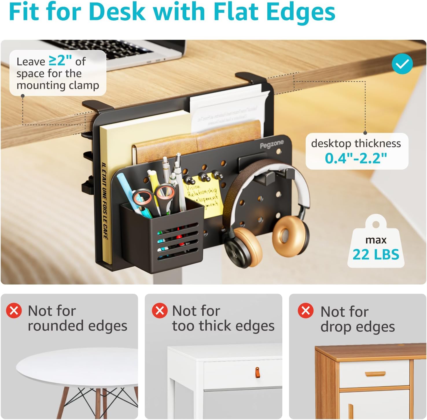 PEGZONE Desk Side Storage Organizer, No Drill Under Desk Laptop Holder, Clamp on Desks Shelf with Pegboard Accessories, Hanging Laptop Mount, Fits Flat Edge 0.4" to 2.2", Black