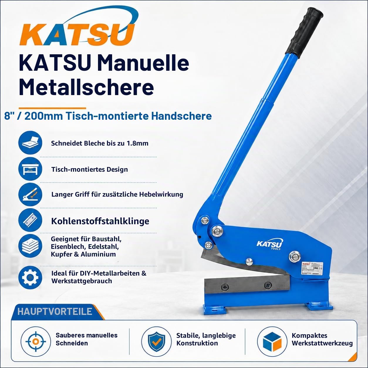 KATSU 200 mm Manuelle Platte Flache Metall Stahlblechschere Scheren, Heavy Duty präzises Schneiden, Metallschere Metall-Cutter Stangenplatte Scher schneidet Blech Rebar Runde Lager