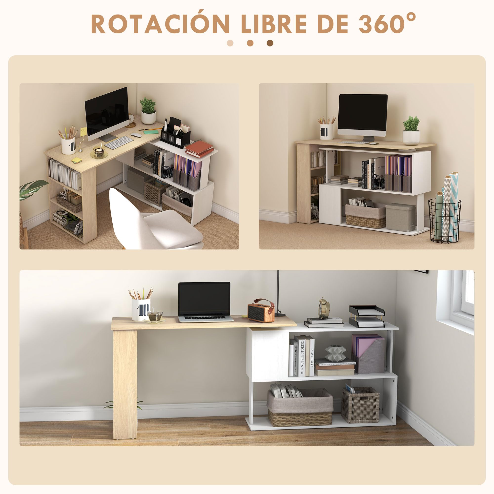 HOMCOM Escritorio Esquinero Giratorio en L 120x110 cm Natural y Blanco | Mesa de Escritorio con Estantes, para Oficina en Casa, Estudio, Hogar