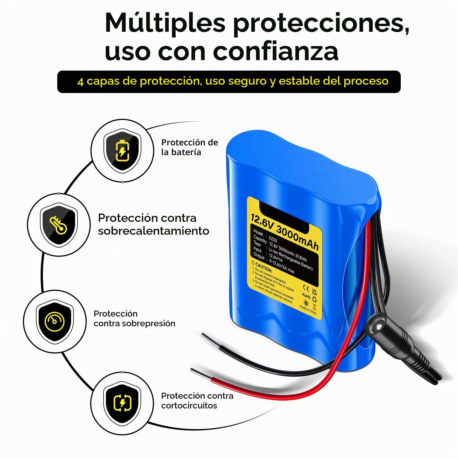 CITYORK 3000mAh 12.6V Batería Recargable de Iones de Litio para Panel Solar de Carga, cámaras de CCTV, videocámaras, Reproductores MP3, Luces LED y más