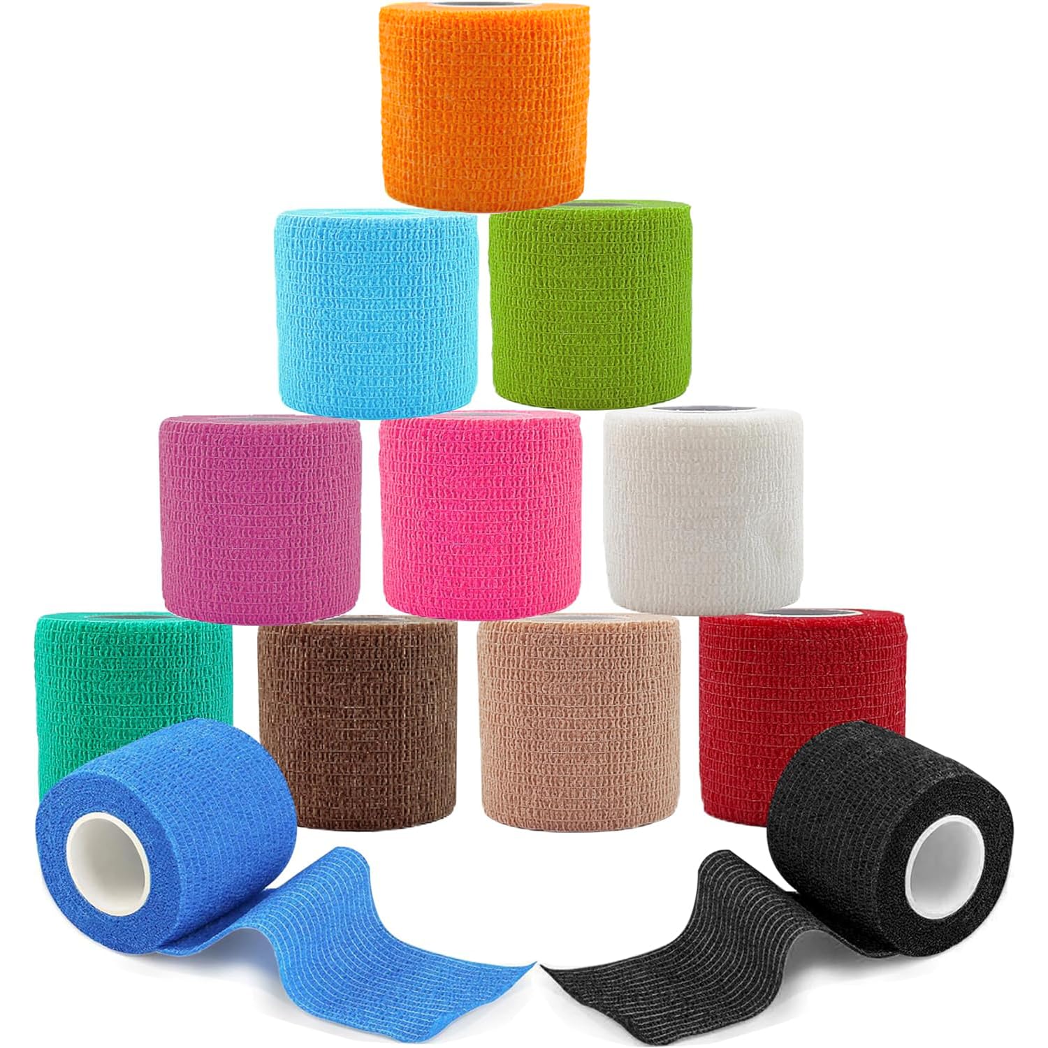 Self Adhesive Bandage, 5cm x 4.5m Non-Woven Cohesive Bandages, Breathable & Flexible Elastic Sports Tape for Human and Animals, Ankle Sprains Swelling, Sports (12Color Mix, 12 Rolls)
