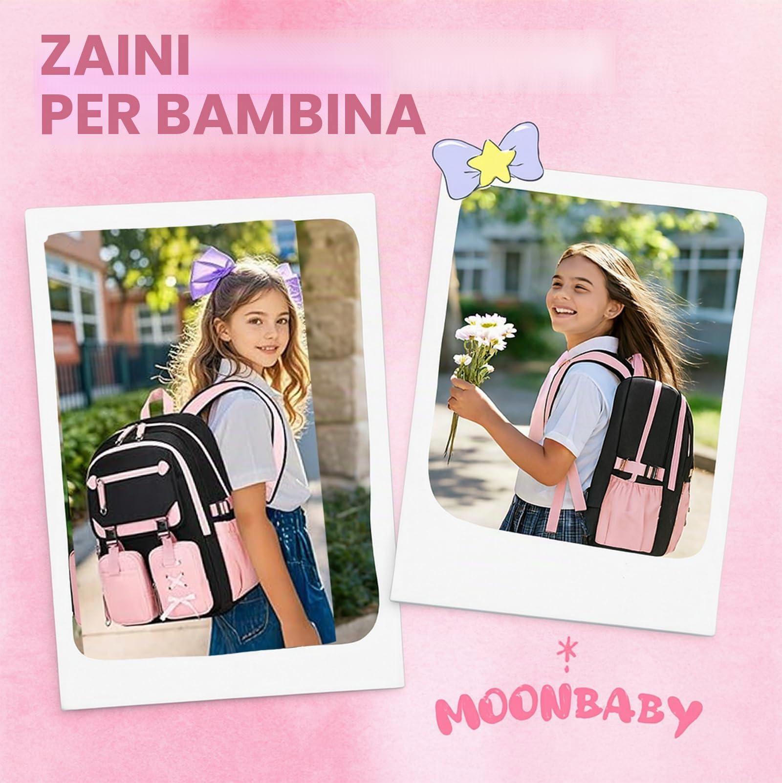 Elegante set di 3 zaini per la scuola per ragazze: impermeabile e leggero con borsa per il pranzo e astuccio, nylon di grande capacità