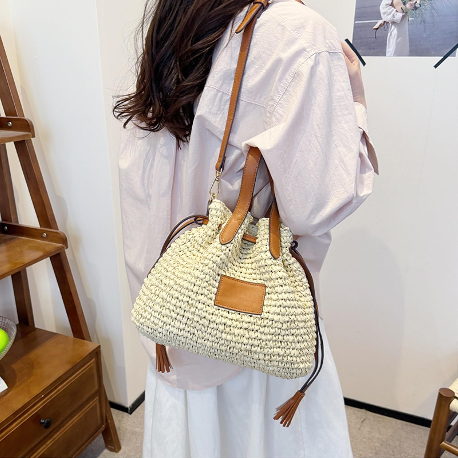 CHENSHI Borsa a Tracolla Donne Borse di Paglia Bucket Bags Fashion Ladies Crossbody per Le Casual Femminile Weave Beach Spalla-khaki-30x11x23cm