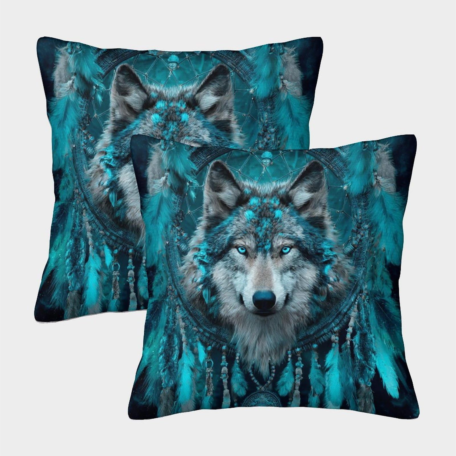 kaiyun 2 Pack Wolf Face in Dreamcatcher Pillow Case Home Decoration Sofa Cushion Cover 50x50cm