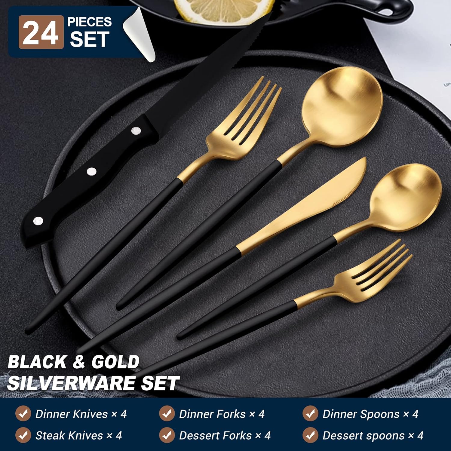EUIRIO 24 Pieces Matte Black&Gold Silverware Set with Steak Knives, Stainless Steel Flatware Set for 4, Cutlery Utensil Sets, Spoons and Forks Set, Dishwasher Safe