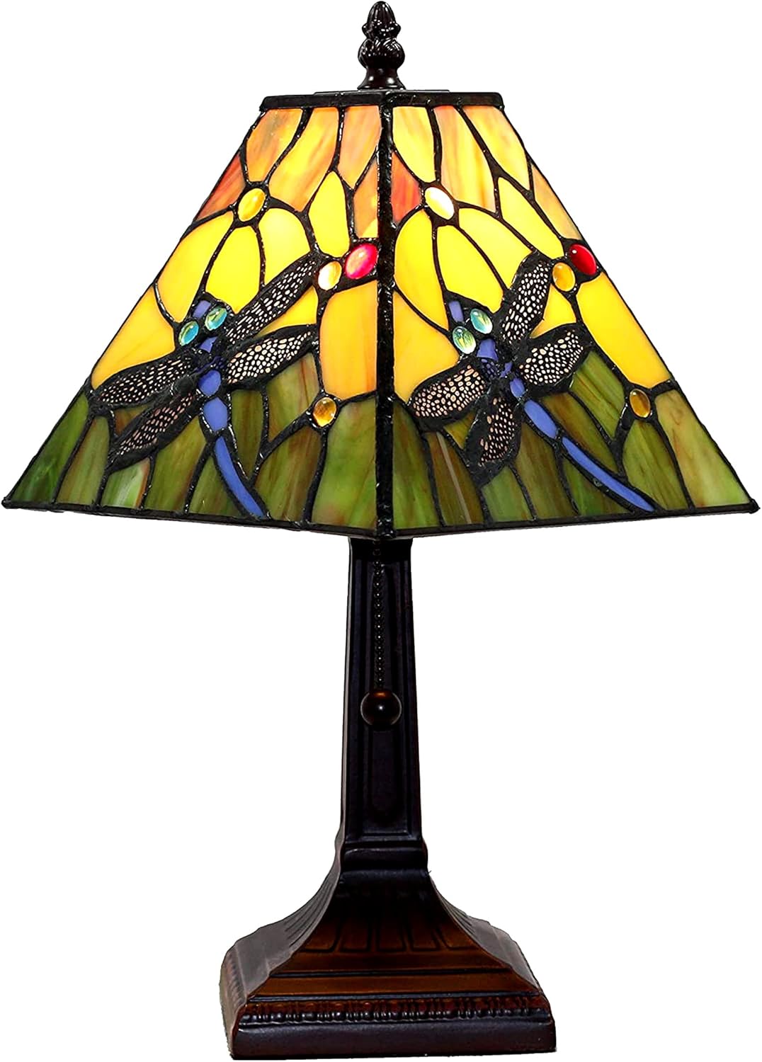 Amora Vintage Tiffany Table Lamp - Floral Blue Dragonfly Table Night Light - Yellow and Green Glass Nightstand Lamp - 15” Tall Stained Glass Lamp