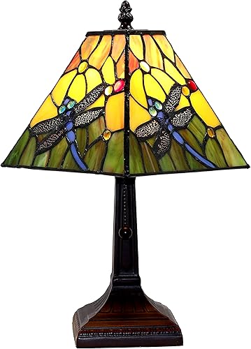 Amora Lámpara de mesa vintage Tiffany – Luz nocturna de mesa de libélula azul floral – Lámpara de mesa de noche de cristal amarillo y verde –