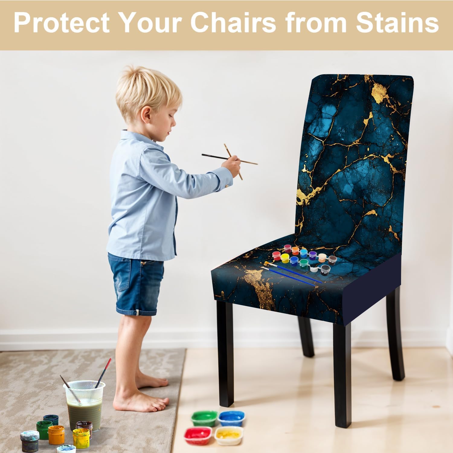 Luxury Marble Chair Covers for Dining Room – Stretch Blue and Gold Abstract Pattern Slipcovers – Modern Washable Seat Protector for Kitchen, Banquet, Office Decor, Set of 6