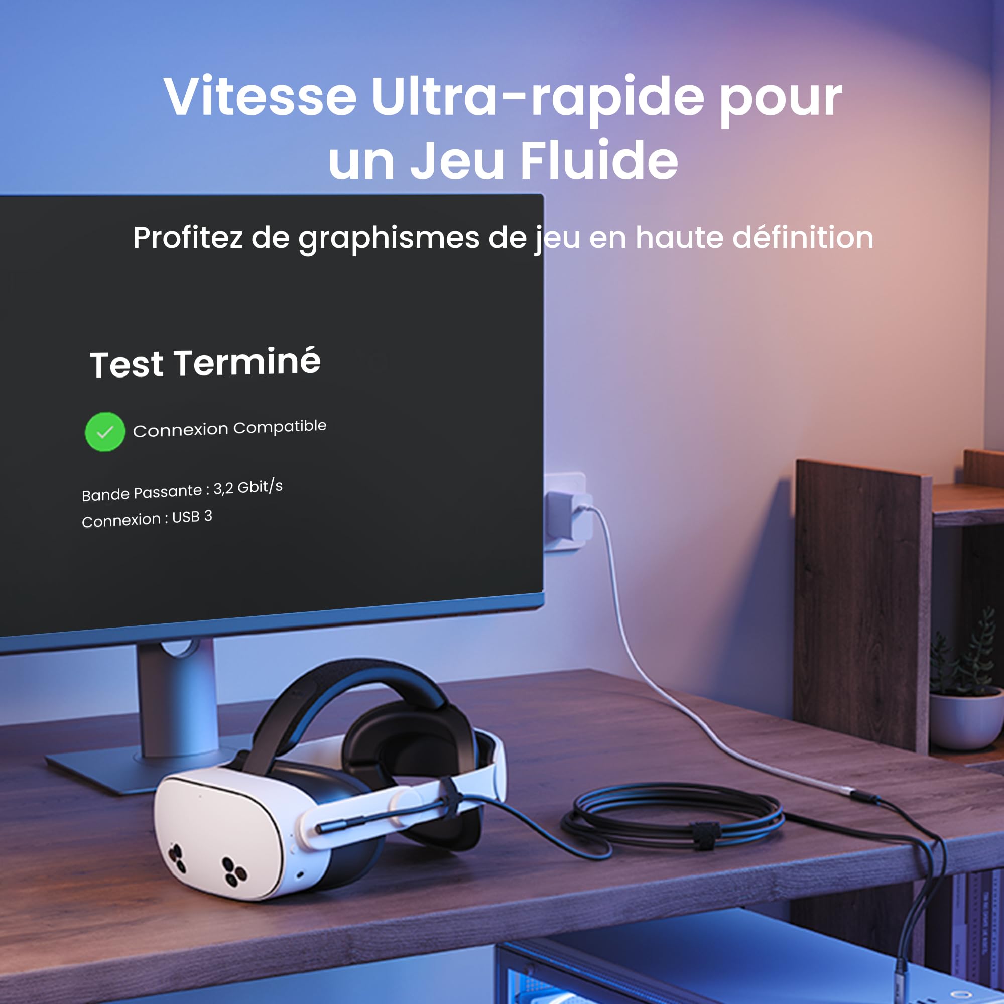 KIWI design Câble Link avec Chargement 5M Compatible avec Meta Quest 3s Quest 3 Quest 2/Pro/Pico 4 Accessoires et PC/SteamVR, Câble USB 3.0 à USB C Link avec Super Rapide 5 Gbps, pour Jeu Prolongé