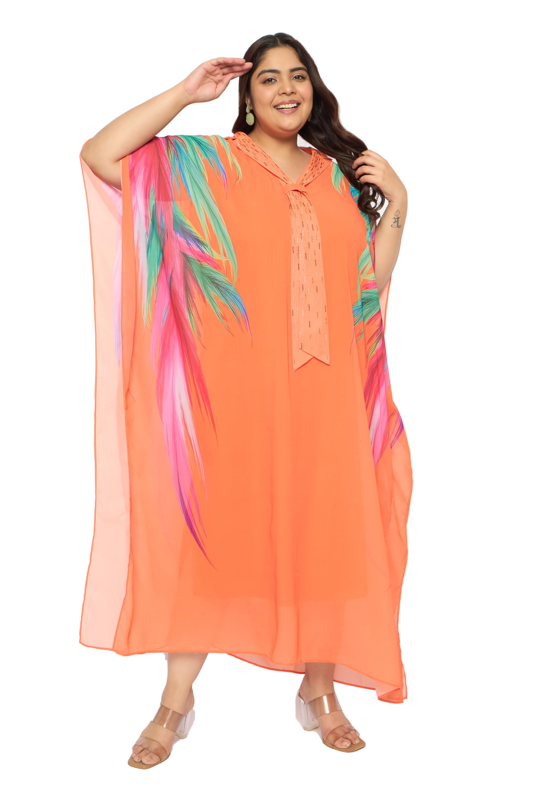 Gypsie Blu Women Plus Size Georgette Kaftan Dress Evening Wear V-Neck Maxi Dresses Kimono Sleeve