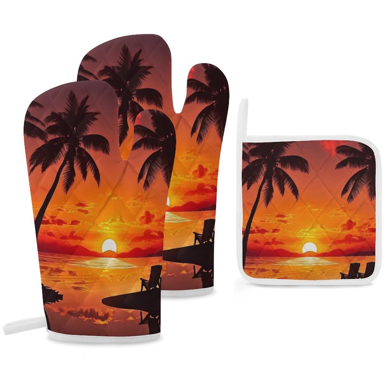 Oven Mitts and Pot Holders Set of 3 Heat Resistant Non-Slip Kitchen Gloves Hot Pads Sunset and Coconut Trees Mittens Gloves Non-Slip Potholders for Cooking Baking Grilling BBQ