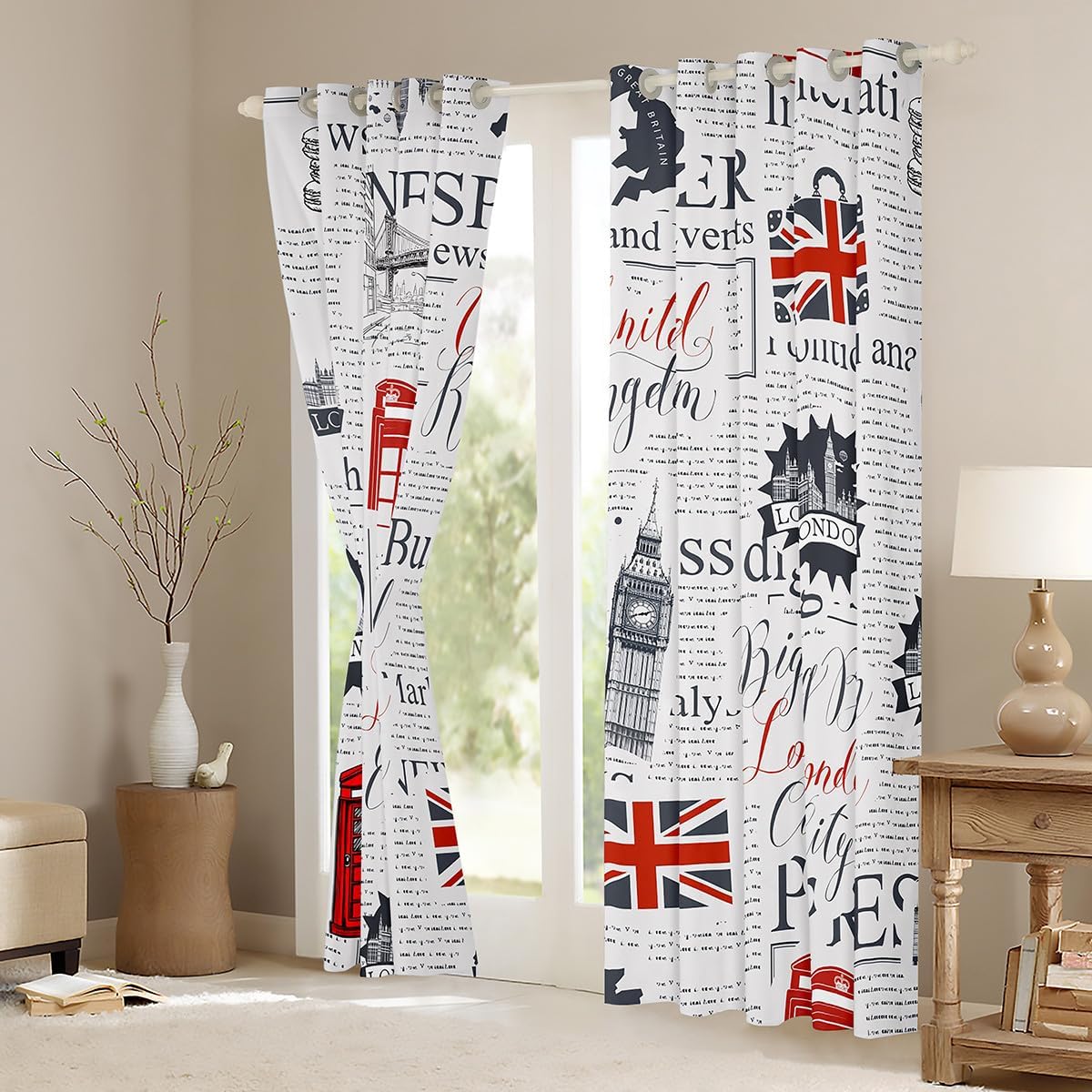 Feelyou London Big Ben Window Treatments Red Telephone Booth Curtains for Bedroom Living Room Retro UK Theme Window Drapes Kids Women Men Old Newspaper Window Curtains Decor (2 Panels, 38 x 45 Inch)
