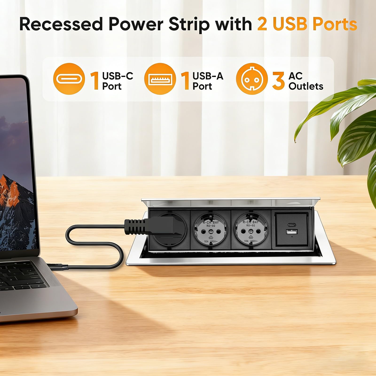 Tira de alimentación retráctil 5 en 1 con 3 compartimentos, 1 USB-C y 1 USB-A PD de 10 W, conector de aluminio integrado para mesa, zócalo retráctil, enchufe de mesa con cable de 1,8 m para cocina